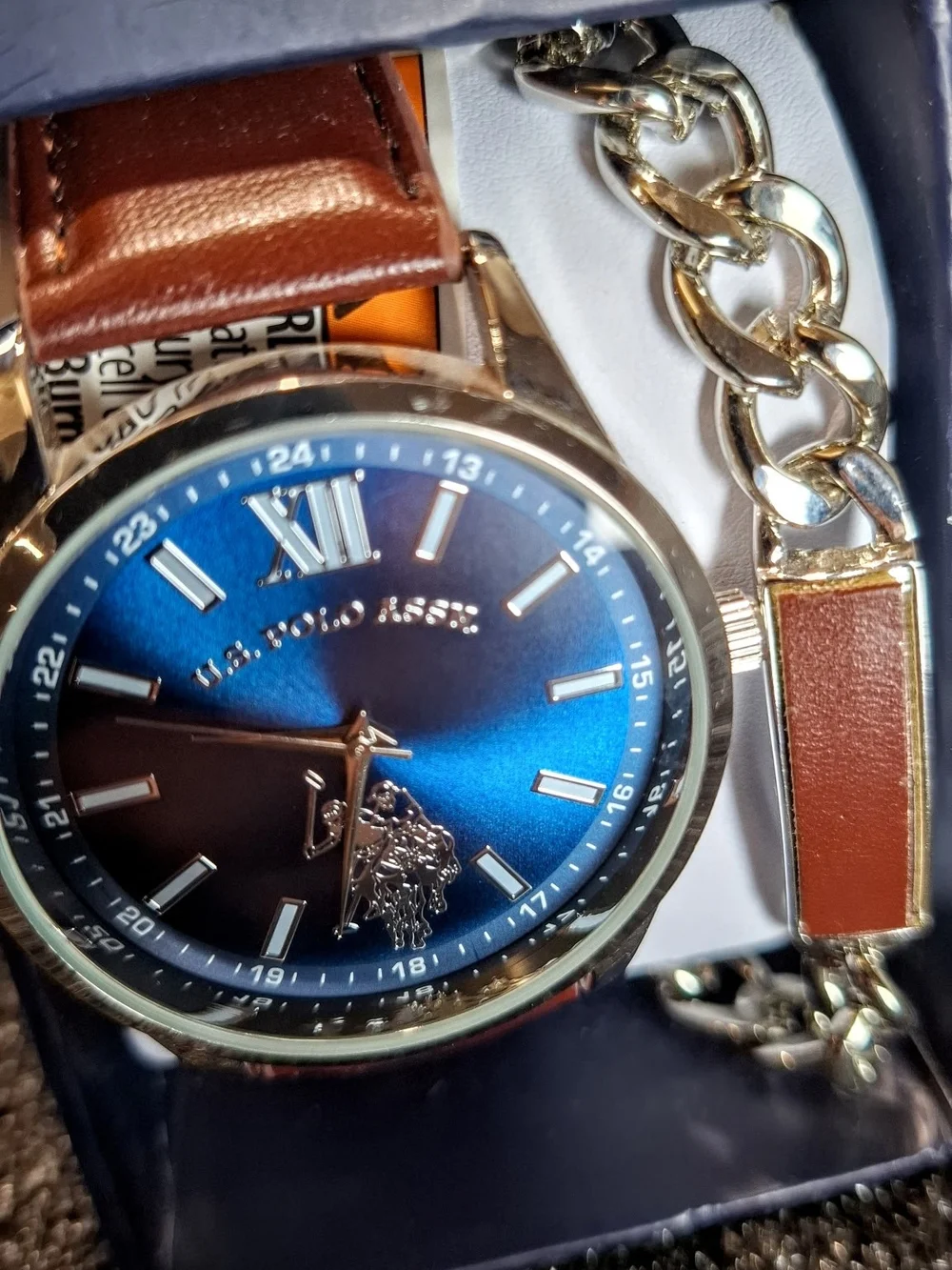 U.S. Polo Assn. Men's Blue Dial Brown Leather Strap Watch with Gold Accents